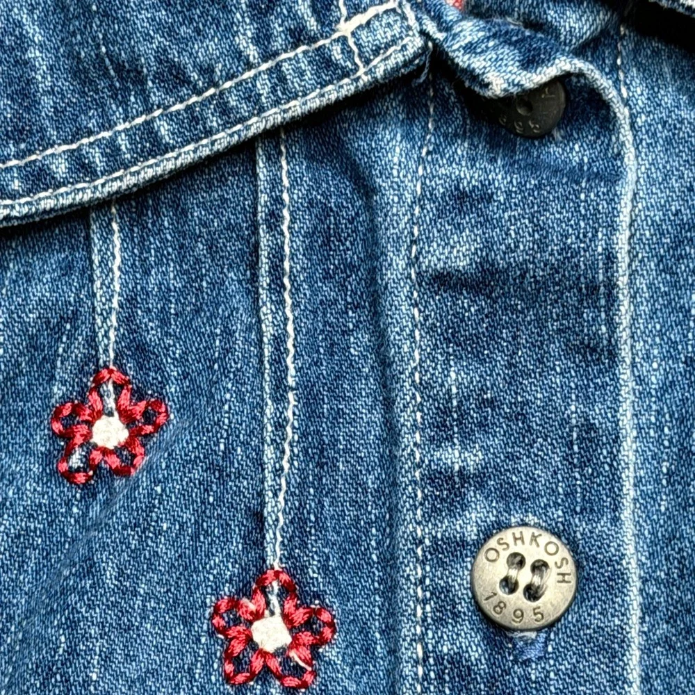 Vintage OshKosh Denim Jumper Dress Girls Size 4 Blue Red Gingham Ruffle Floral
